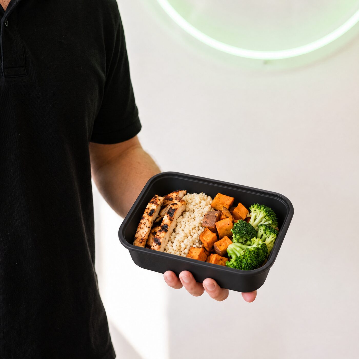 Contenedor negro mate con pollo a la plancha, quinoa, camote y brócoli